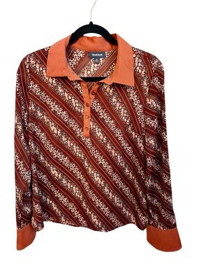 ModCloth Rust and White Floral-Stripe Button Front Blouse